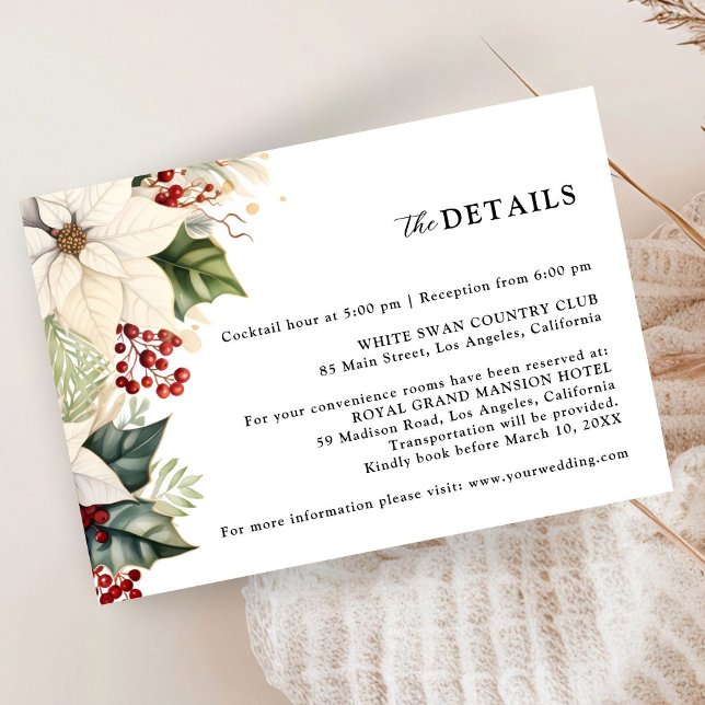 Carte D'accompagnement White Poinsettia Red Berries Winter Wedding Détail (Créateur téléchargé)