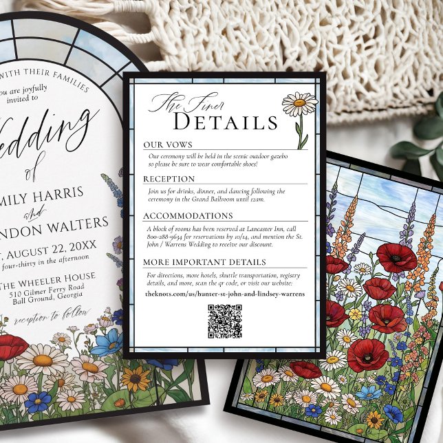 Carte D'accompagnement Wildflower Stained Glass Floral Wedding Details (Elegant modern wildflower stained glass unique poppy daisy sunflower wedding invitation details card)