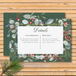 Carte D'accompagnement Winter Christmas Green Details Mariage<br><div class="desc">Annoncez votre mariage d'hiver avec une touche d'élégance glacée. Notre magnifique carte de détails mariages comporte une scène d'aquarelle captivante. Les branches de pin croustillantes et l'eucalyptus parfumé se mêlent aux roses rouges vibrantes et aux baies bleues profondes, le tout niché au milieu d'un feuillage verdoyant. Le design se distingue...</div>