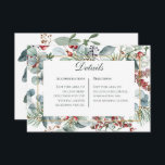 Carte D'accompagnement Winter Christmas Greenery Détails du Mariage<br><div class="desc">Ce design présente des baies de pin,  d'eucalyptus,  rouges et bleues,  ainsi que d'autres feuillages verts,  entourant un cadre mince en faux or et une zone de texte blanche. Il fait partie de la suite de cartes Mariage de Noël d'hiver créée par Simply Farmhouse Press.</div>