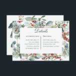 Carte D'accompagnement Winter Christmas Greenery Détails du Mariage<br><div class="desc">Ce design présente des baies de pin,  d'eucalyptus,  rouges et bleues,  ainsi que d'autres feuillages verts,  entourant un cadre mince en faux or et une zone de texte blanche. Il fait partie de la suite de cartes Mariage de Noël d'hiver créée par Simply Farmhouse Press.</div>