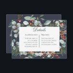 Carte D'accompagnement Winter Christmas Greenery Marine Détails Mariage<br><div class="desc">Ce design présente des baies de pin,  d'eucalyptus,  rouges et bleues,  ainsi que d'autres feuillages verts,  entourant un cadre mince en faux or et une zone de texte blanche. Il fait partie de la suite de cartes Mariage de Noël d'hiver créée par Simply Farmhouse Press.</div>
