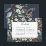 Carte D'accompagnement Winter Christmas Greenery Marine Détails Mariage<br><div class="desc">Ce design présente des baies de pin,  d'eucalyptus,  rouges et bleues,  ainsi que d'autres feuillages verts,  entourant un cadre mince en faux or et une zone de texte blanche. Il fait partie de la suite de cartes Mariage de Noël d'hiver créée par Simply Farmhouse Press.</div>