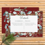 Carte D'accompagnement Winter Christmas Greenery Red Mariage Détails<br><div class="desc">Annoncez votre mariage d'hiver avec une touche d'élégance glacée. Notre magnifique carte de détails mariages comporte une scène d'aquarelle captivante. Les branches de pin croustillantes et l'eucalyptus parfumé se mêlent aux roses rouges vibrantes et aux baies bleues profondes, le tout niché au milieu d'un feuillage verdoyant. Le design se distingue...</div>