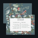 Carte D'accompagnement Winter Christmas Greenery Turquoise Détails Mariag<br><div class="desc">Célébrez votre amour avec le charme enchanteur de l'hiver! Notre faire-part de mariage à thème hivernal présente une délicate aquarelle de pin rustique, eucalyptus, baies rouges et bleues, et feuillage vert luxuriant, le tout encadrant magnifiquement une fine bordure en faux or et une élégante boîte de texte blanche. Placé face...</div>
