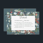 Carte D'accompagnement Winter Christmas Greenery Turquoise Détails Mariag<br><div class="desc">Célébrez votre amour avec le charme enchanteur de l'hiver! Notre faire-part de mariage à thème hivernal présente une délicate aquarelle de pin rustique, eucalyptus, baies rouges et bleues, et feuillage vert luxuriant, le tout encadrant magnifiquement une fine bordure en faux or et une élégante boîte de texte blanche. Placé face...</div>