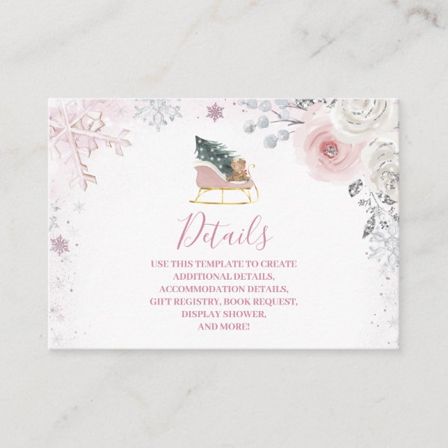 Carte D'accompagnement Winter Pink Snowflake Sleigh Baby Shower Details (Devant)