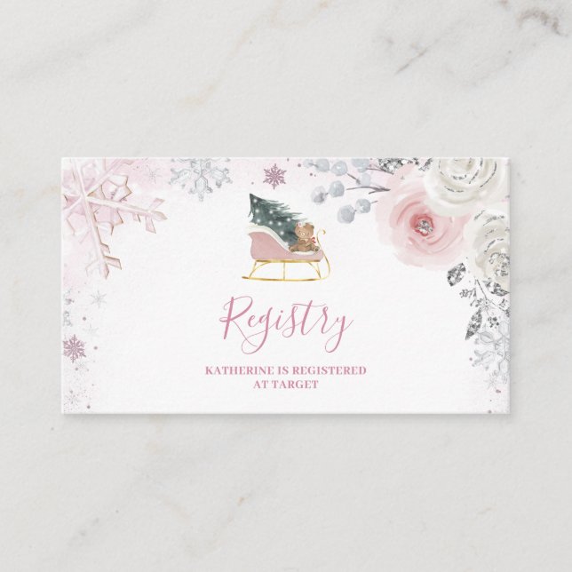 Carte D'accompagnement Winter Pink Snowflake Sleigh Baby Shower Registry (Devant)