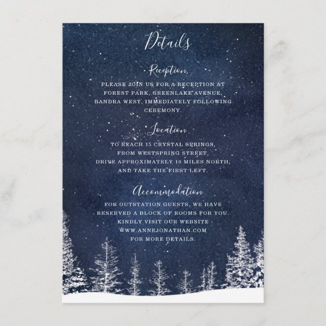 Carte D'accompagnement Winter Snow Forest Starry Nuit Mariage de la Marin (Devant)