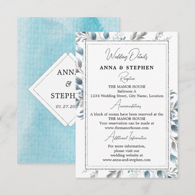 Carte D'accompagnement Winter Wonderland Floral Détails du Mariage (Devant / Derrière)