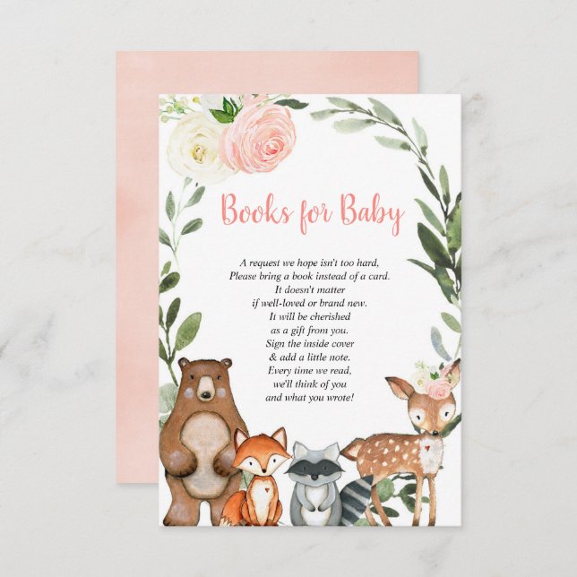 Carte D'accompagnement Woodland blush rose livre demande fille baby showe (Devant / Derrière)
