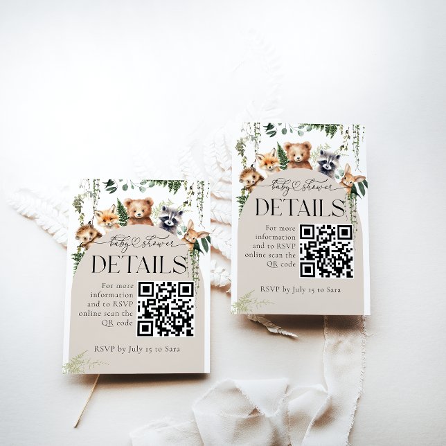 Carte D'accompagnement Woodland Modern Baby shower Détails QR Code (Créateur téléchargé)