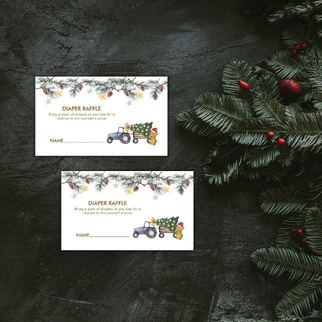 Carte D'accompagnement X'mas Tree Tractor Bear Diaper Raffle Baby Shower (X'mas Tree Tractor Bear Diaper Raffle Baby Shower Enclosure Card)