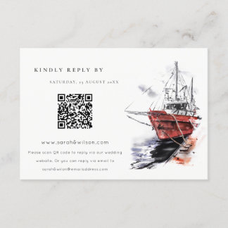 Carte D'accompagnement Yacht Sailboat Watercolor Mariage QR Code RSVP