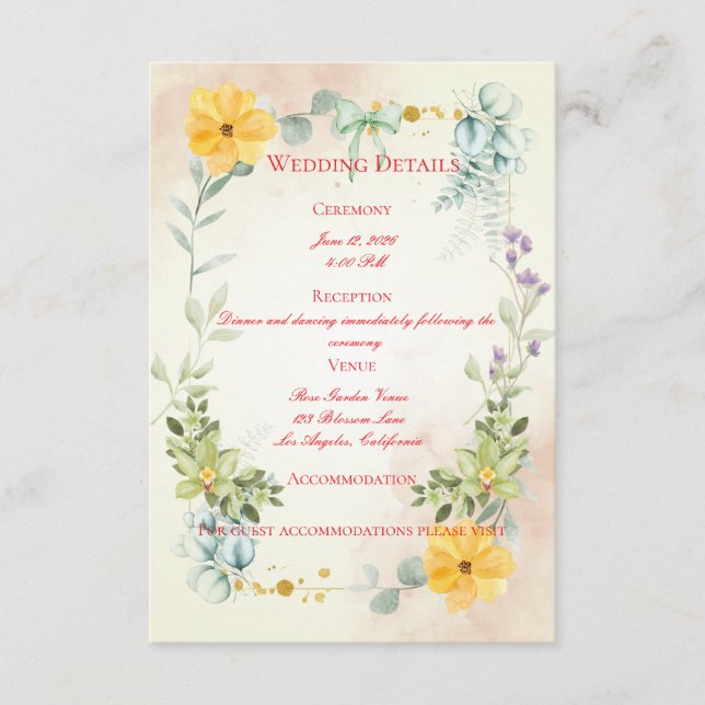 Carte D'accompagnement Yellow and Pink Floral Wedding Enclosure Card (Devant)
