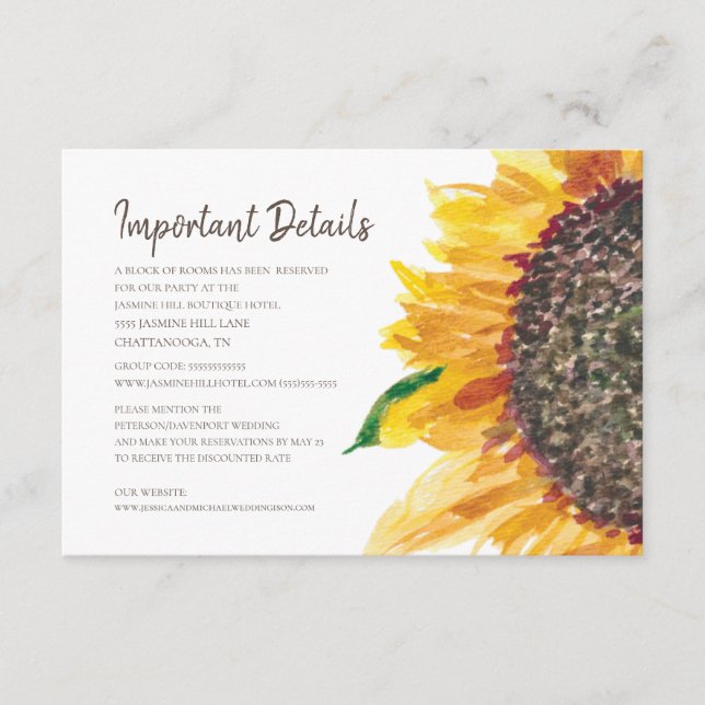 Carte D'accompagnement Yellow Brown Sunflower Boho Détails du Mariage (Devant)