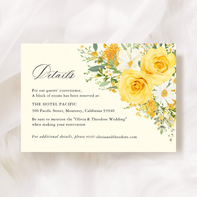 Carte D'accompagnement Yellow Floral Rose Wedding Hotel Details (Yellow floral wedding accommodation card, watercolor yellow roses garden hotel details insert)