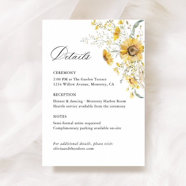 Carte D'accompagnement Yellow Wildflower Sunflower Wedding Details, Info (Yellow sunflower wildflower wedding information details card, watercolor floral wedding stationery)