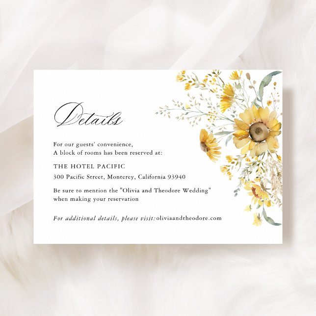 Carte D'accompagnement Yellow Wildflower Sunflower Wedding Hotel Details (Yellow sunflower wildflower wedding hotel accommodation details card, floral wedding stationery)