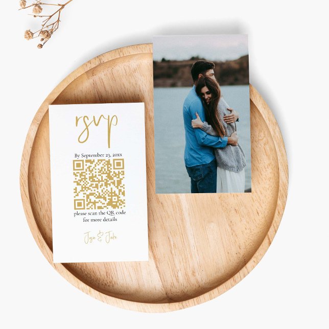 Carte D'accompagnement Your photo gold QR code black wedding RSVP (Elegant RSVP enclosure card! Featuring a full photo and a stunning gold QR code.)