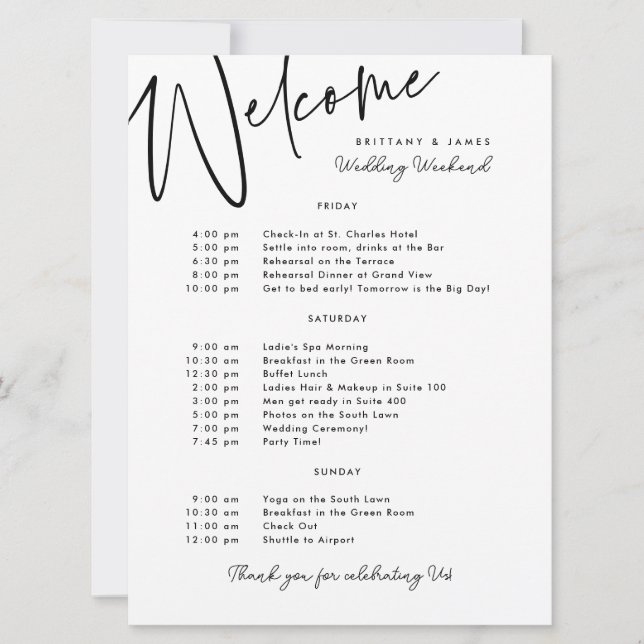 Carte d'accueil blanche mariage pour le week-end (Devant)