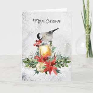 Carte d'accueil de Noël Watercolor Merry Chickadee