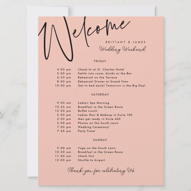 Carte d'accueil mariage de week-end Itinéraire Pea (Devant)