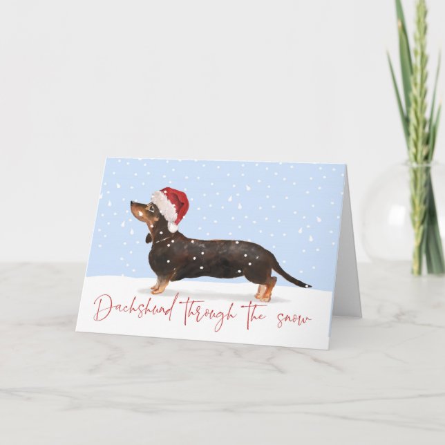 Carte DACHSHUND À TRAVERS LA NEIGE MÊME voeux de vacance (Devant)