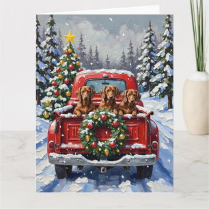 Carte Dachshund camion rouge de Noël vacances
