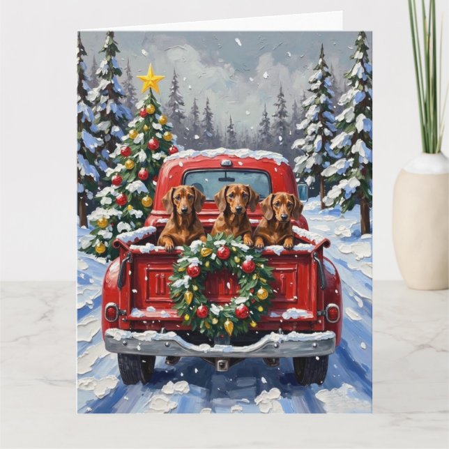 Carte Dachshund camion rouge de Noël vacances (Devant)