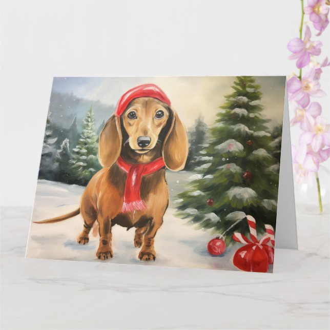 Carte Dachshund Chien dans la neige Noël  (Orchidée)