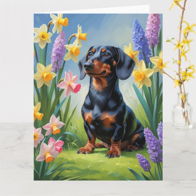 Carte Dachshund Chien Fleurs de printemps Peinture (Fleur jaune)
