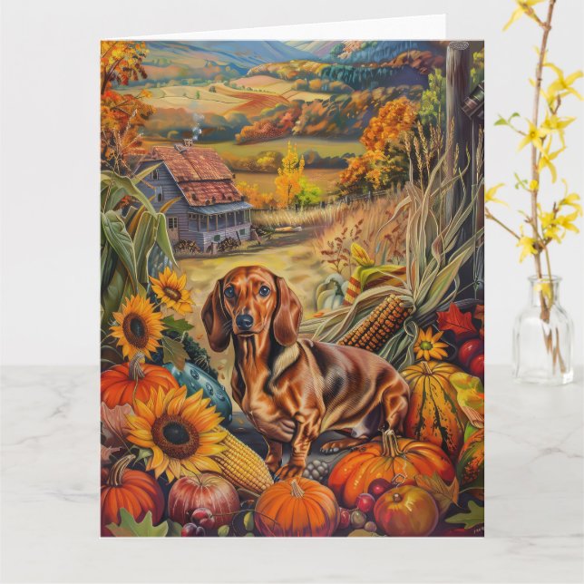Carte Dachshund Chien Moisson Automne Thanksgiving (Fleur jaune)