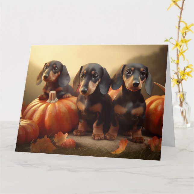 Carte Dachshund Chiot Automne Citrouille de plaisir (Fleur jaune)