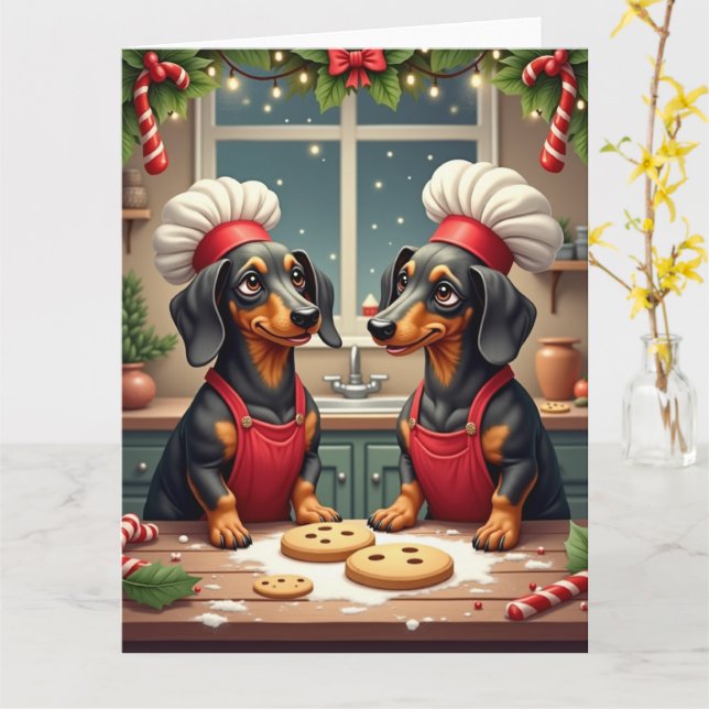 Carte Dachshund Christmas Cookie Bakers Holiday Painting (Fleur jaune)
