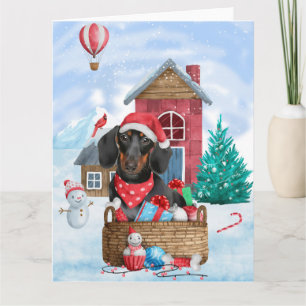 Carte Dachshund dans la neige Cabane de Noël pour chien