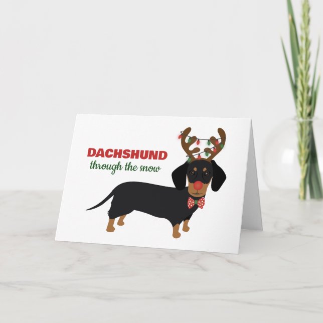 Carte Dachshund de Noël à travers le chien renne de neig (Devant)