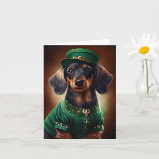 Carte Dachshund Dog en tenue de la Saint Patrick (Petite plante)