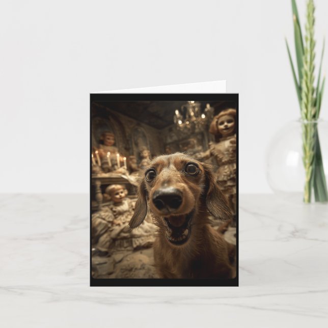 Carte Dachshund drôle selfie Y Poupées Halloween effraya (Devant)