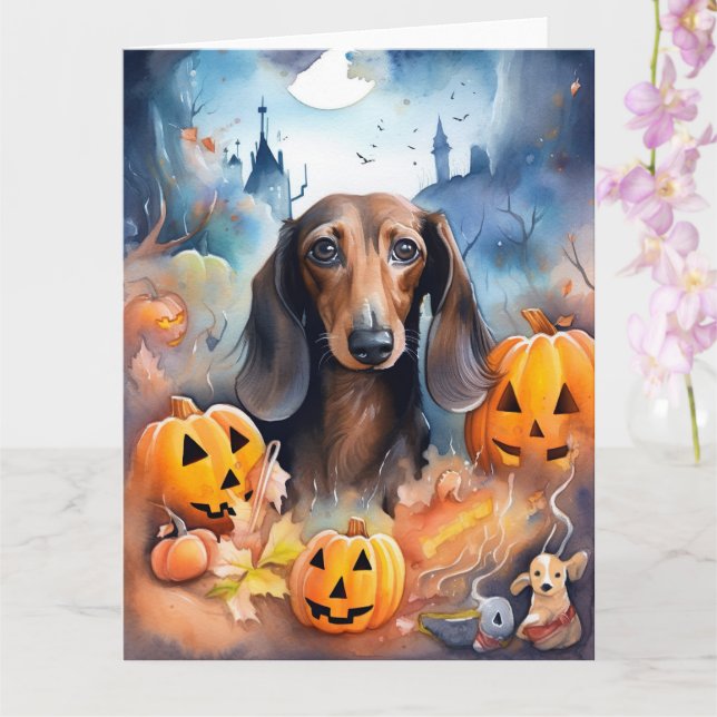 Carte Dachshund Halloween avec citrouilles effrayant (Orchidée)