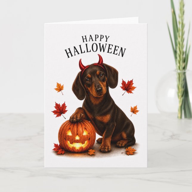Carte Dachshund Halloween Diable Chien (Devant)