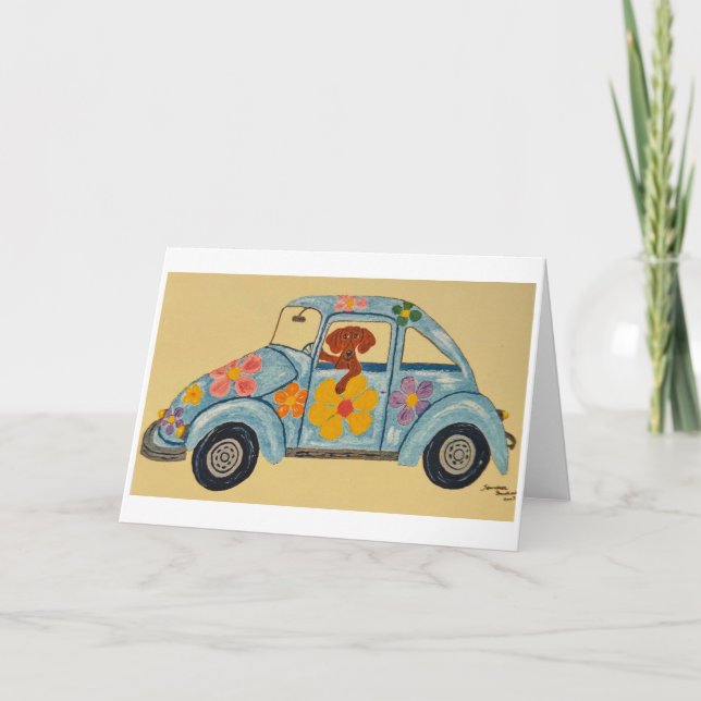 Carte Dachshund in Hippie car (Devant)