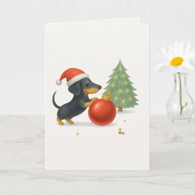 Carte Dachshund Noël personnalisable (Petite plante)