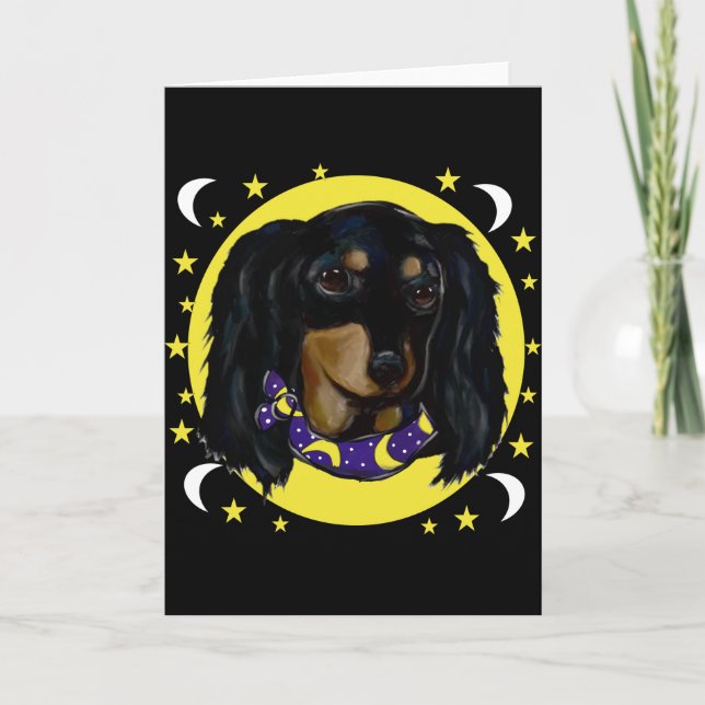 Carte Dachshund noir à poils longs (Devant)