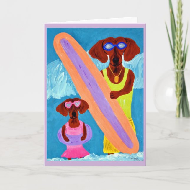 Carte Dachshund surfeur avec chiot (Devant)
