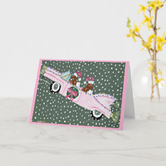 Carte Dachshunds à Noël dans une décapotable rose