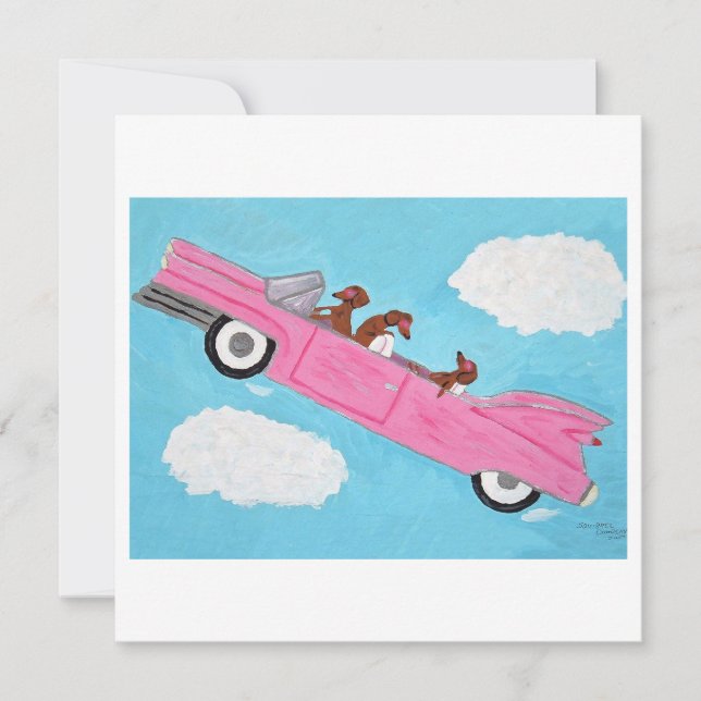 Carte Dachshunds dans une décapotable rose dans le ciel (Devant)