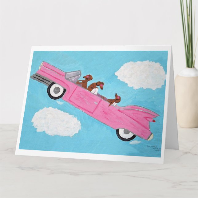 Carte Dachshunds en cabriolet rose dans le ciel (Devant)