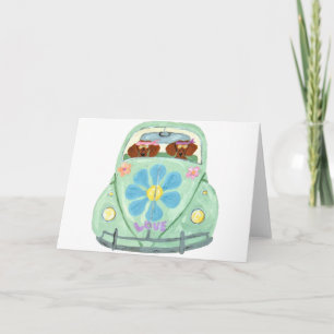 Carte Dachshunds Hippies Dans Leur Voiture Fleurie D'Amo
