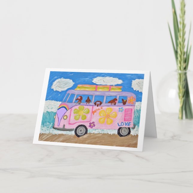 Carte Dachshunds hippies dans une fourgonnette Flower Ch (Devant)